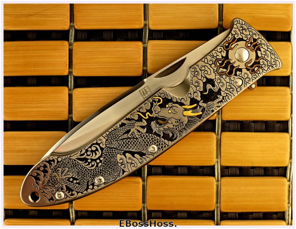 Bob Lum XL Folding Stalker w/LAWKS; Masterfully Engraved by CJ Cai