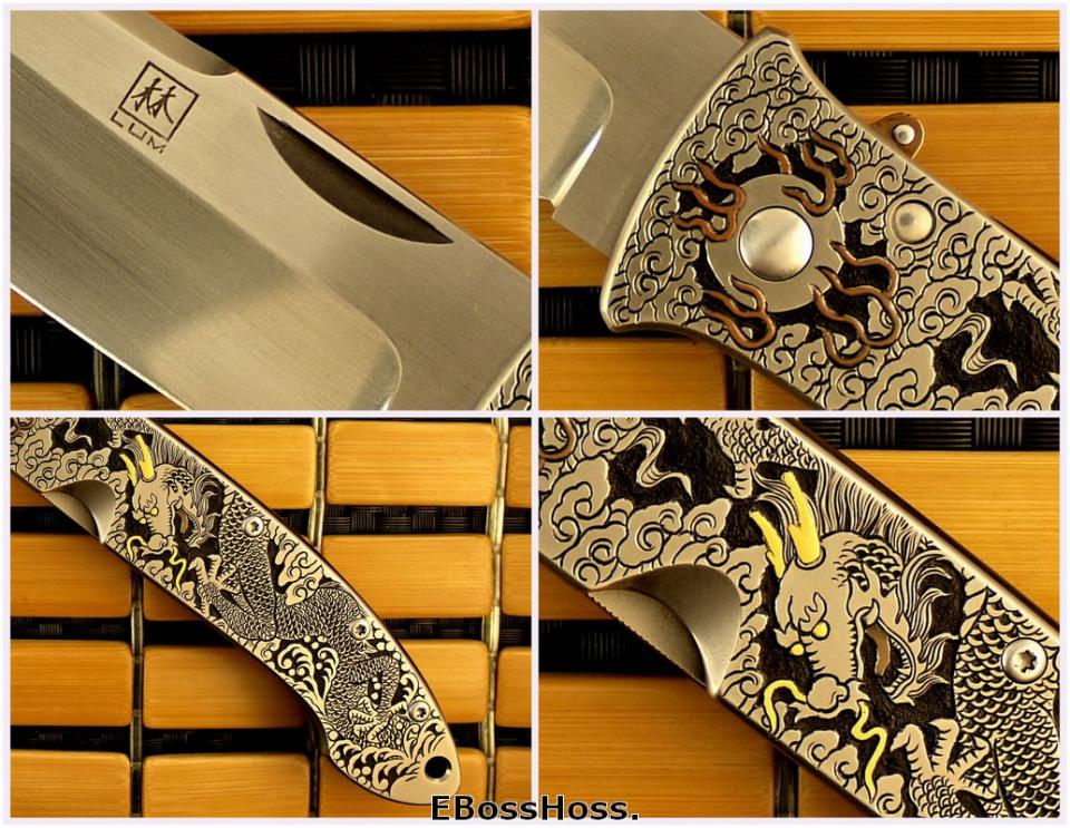 Bob Lum XL Folding Stalker w/LAWKS; Masterfully Engraved by CJ Cai
