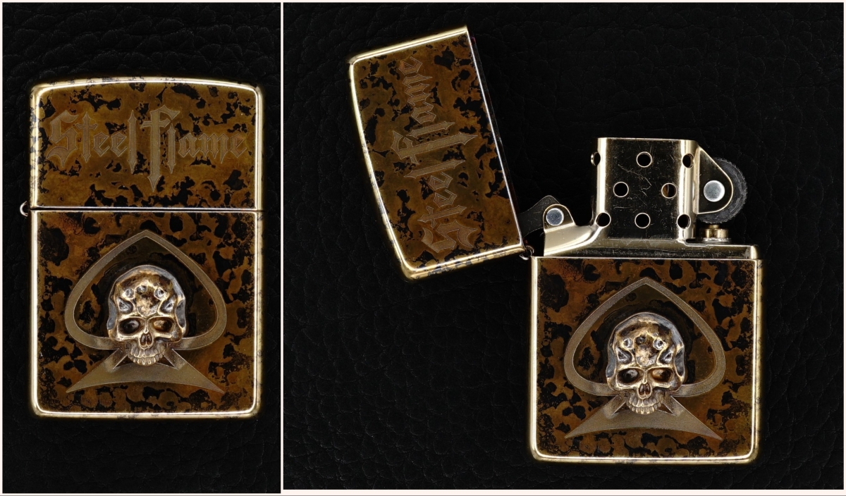 Steel Flame 3-D Warrior Skull Patina-ed Zippo Lighter