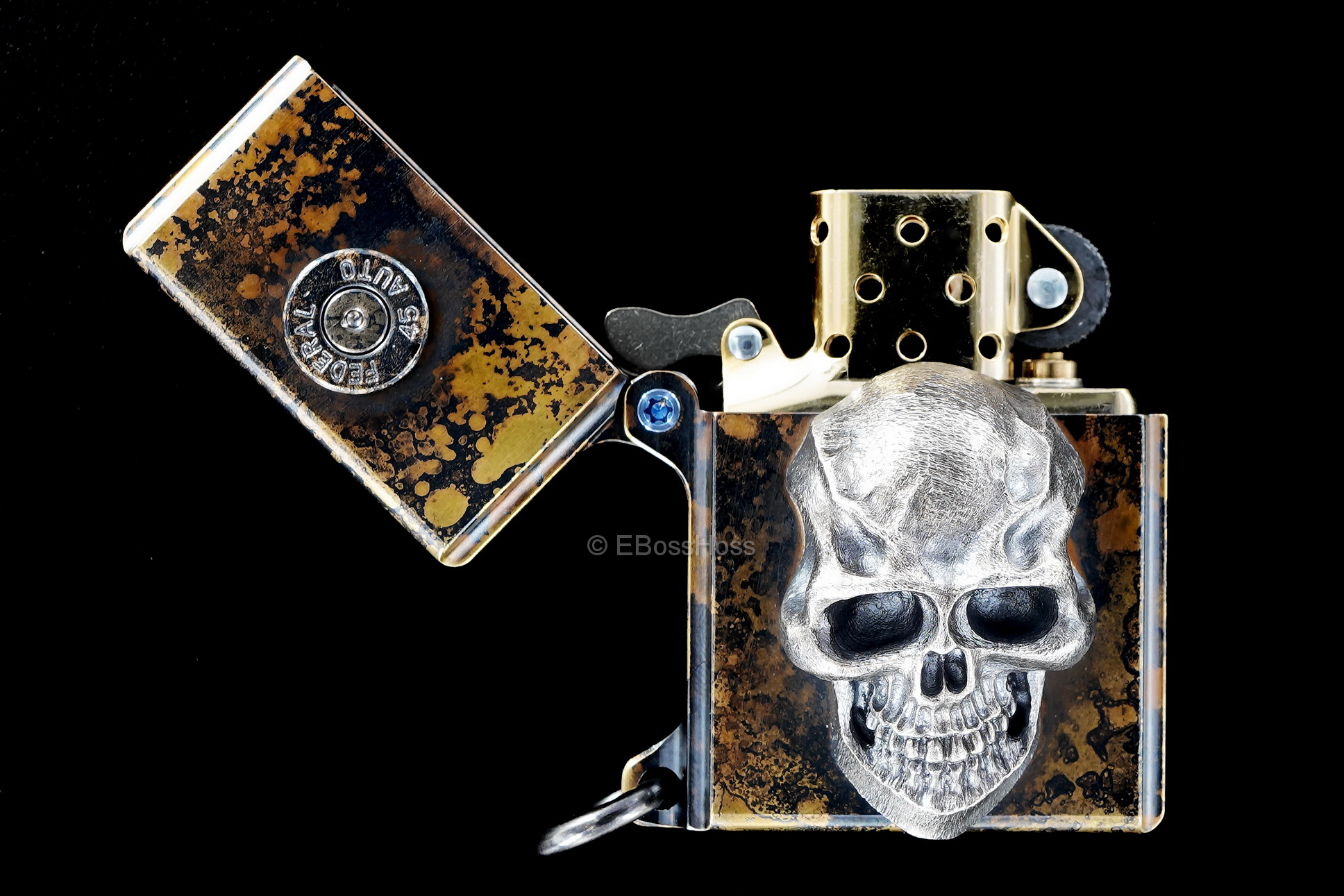 Steel Flame Custom Sledge Lighter ONE - with XXX Darkness Sterling Silver Skull by Derrick Obatake