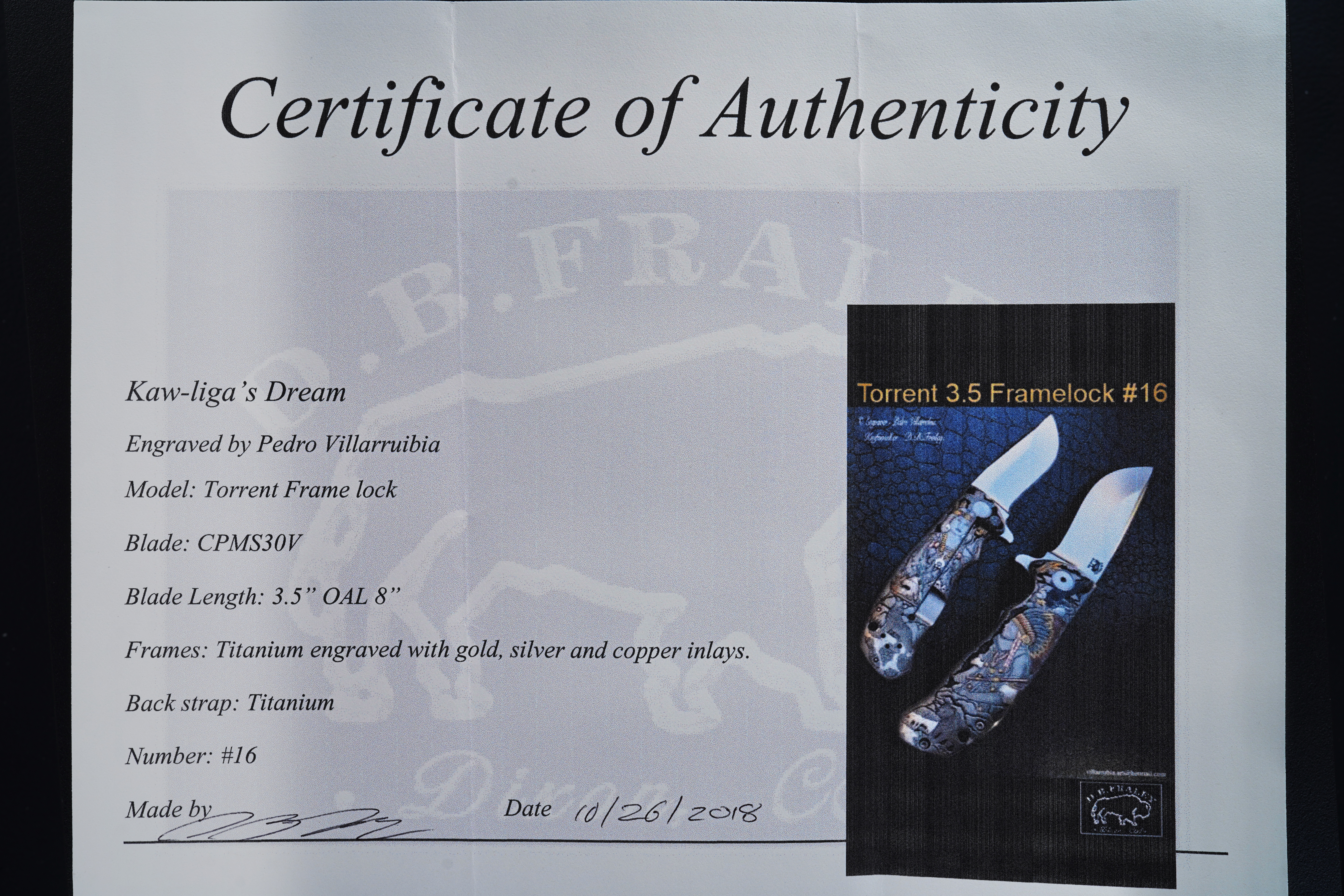 D.B. Fraley Custom Torrent Flipper - Masterfully engraved by Pedro Villarrubia