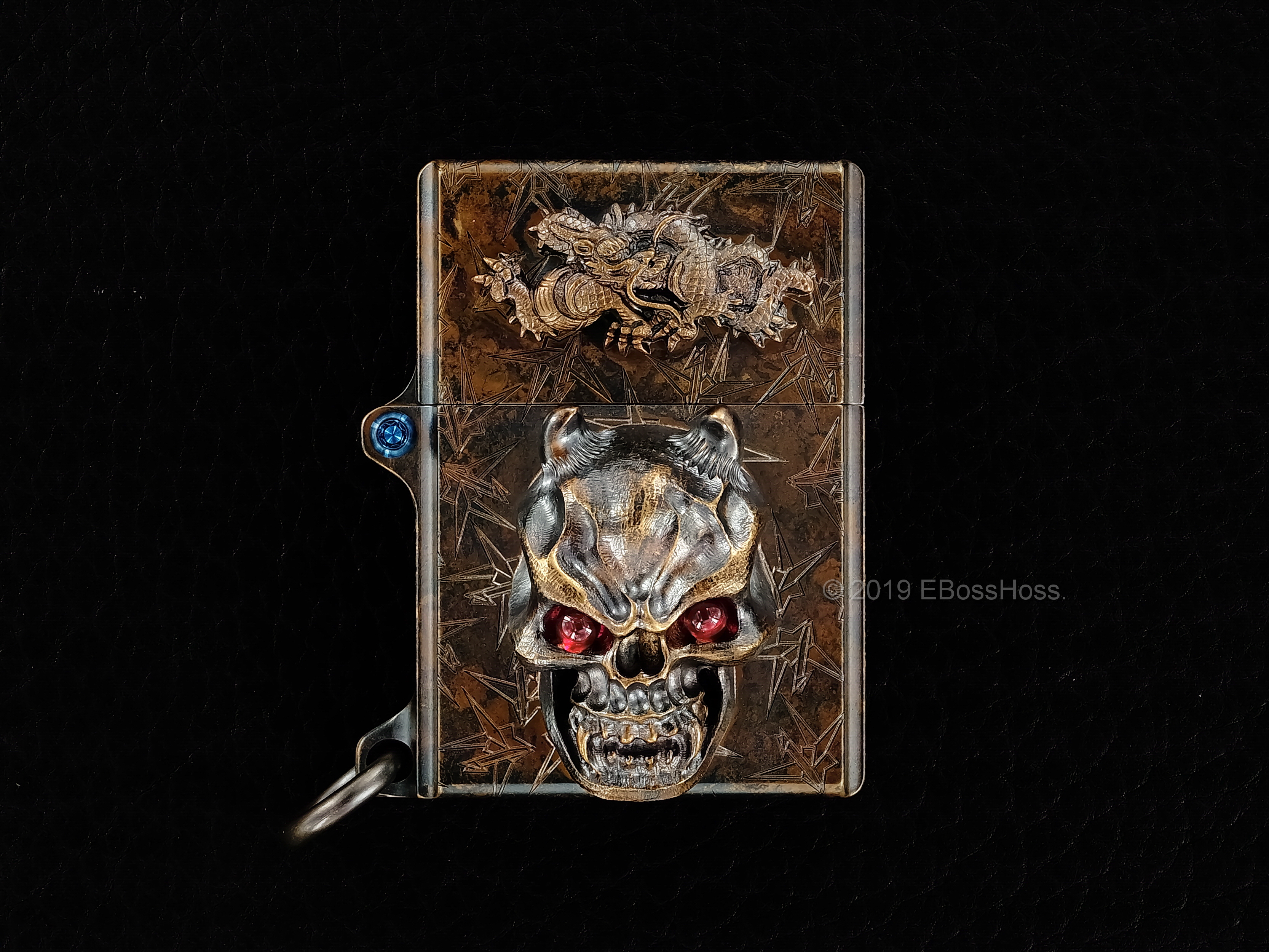 Steel Flame -ONE- Custom Sledge Lighter with XL Hannya Vigilant Skull & Dragon Menuki - by Derrick Obatake Dragon Menuki