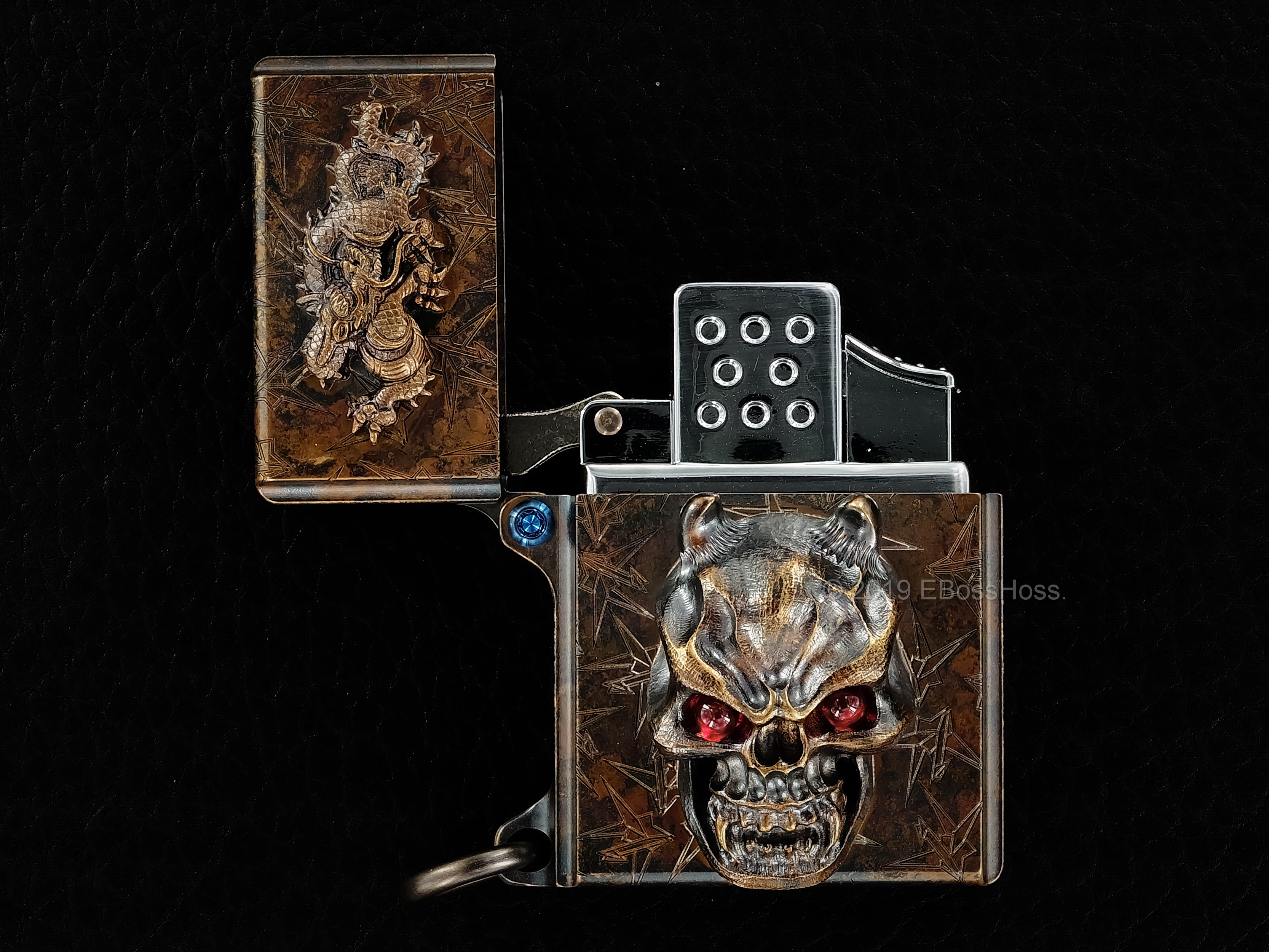 Steel Flame -ONE- Custom Sledge Lighter with XL Hannya Vigilant Skull & Dragon Menuki - by Derrick Obatake Dragon Menuki