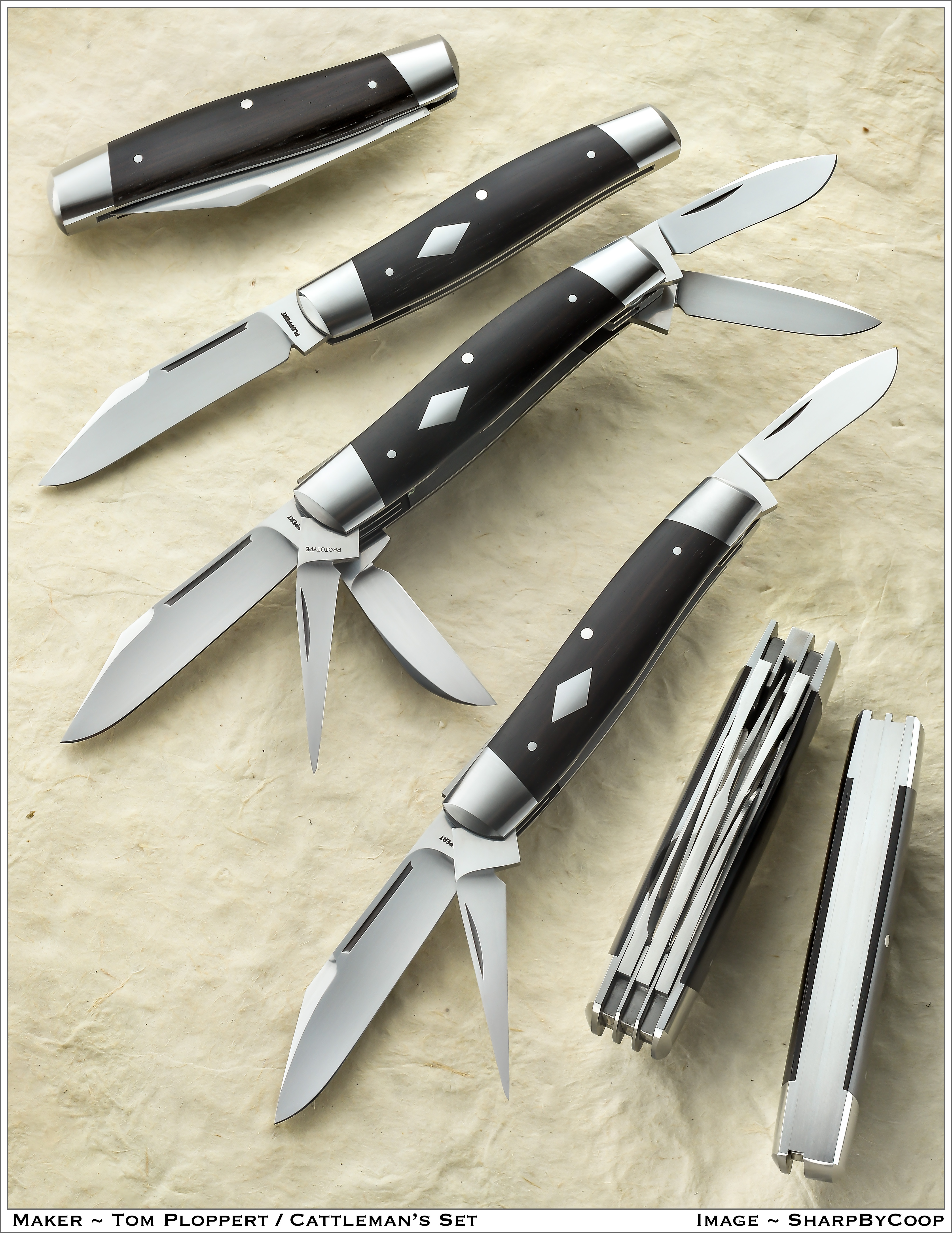 Tom Ploppert Custom Diamond Edge Cattle Knives Set with Display Case