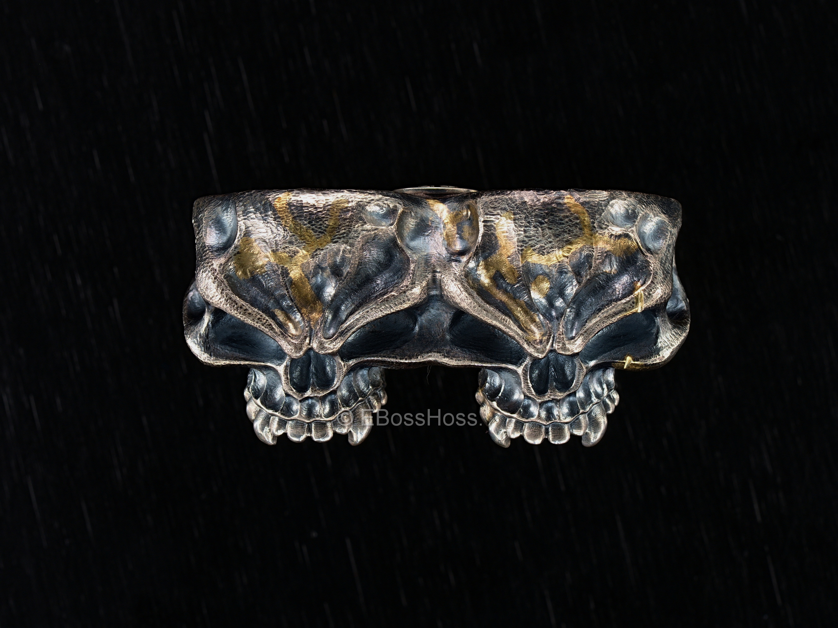 Steel Flame Signed ONE Silver & Gold 2-Finger Dual Fanged-Skulls Puncher Ring by Derrick Obatake
