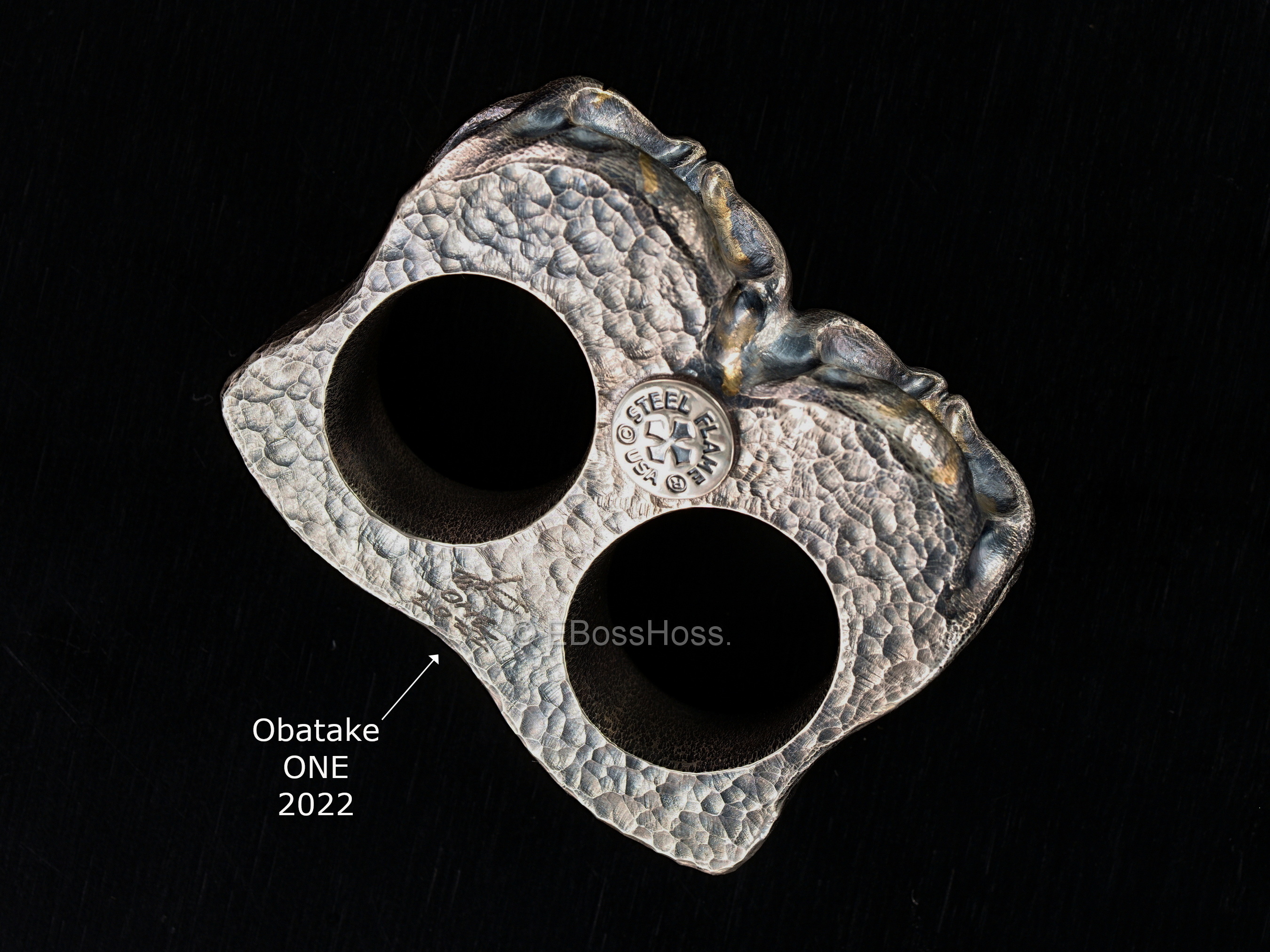 Steel Flame Signed ONE Silver & Gold 2-Finger Dual Fanged-Skulls Puncher Ring by Derrick Obatake