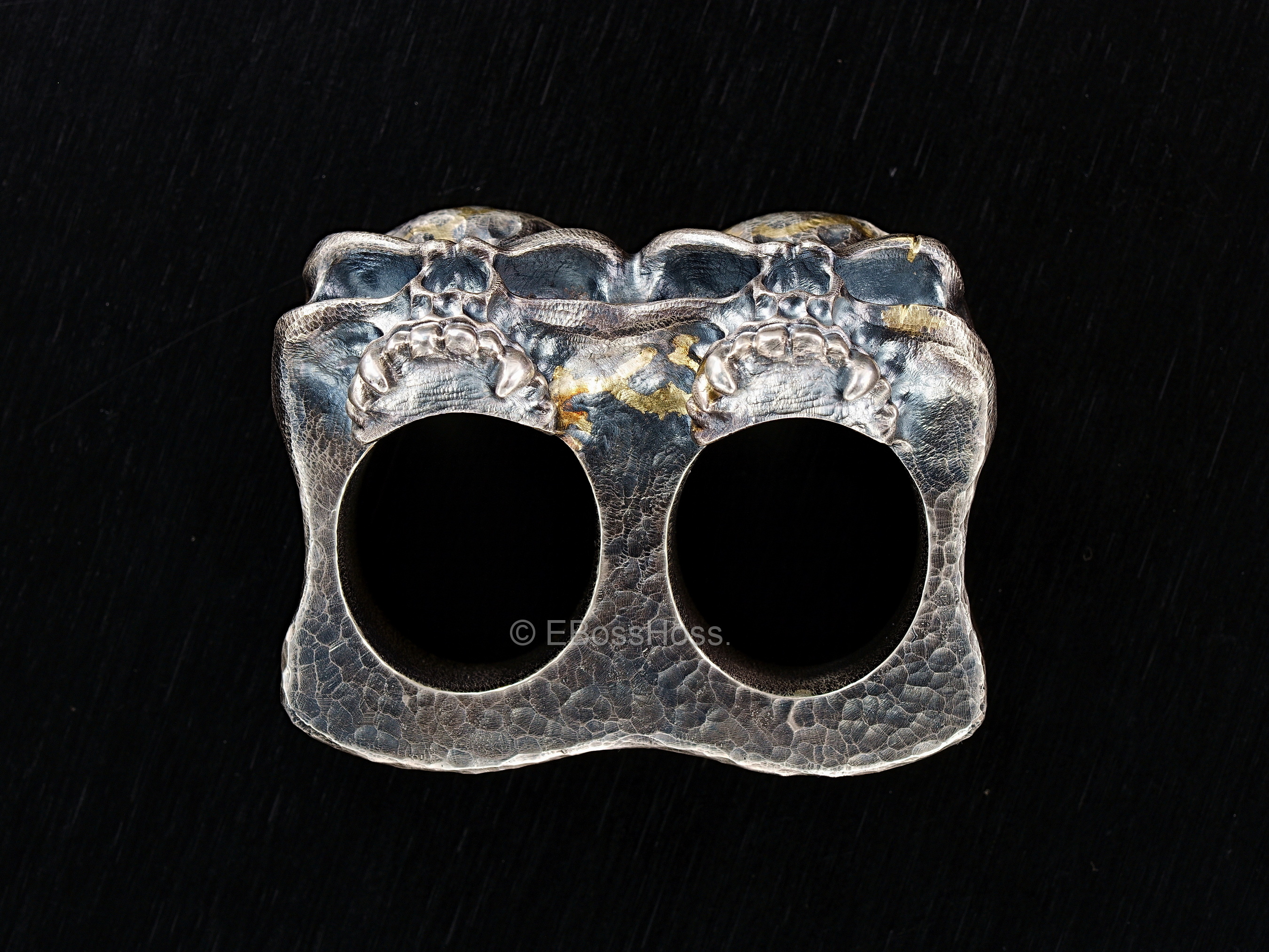 Steel Flame Signed ONE Silver & Gold 2-Finger Dual Fanged-Skulls Puncher Ring by Derrick Obatake
