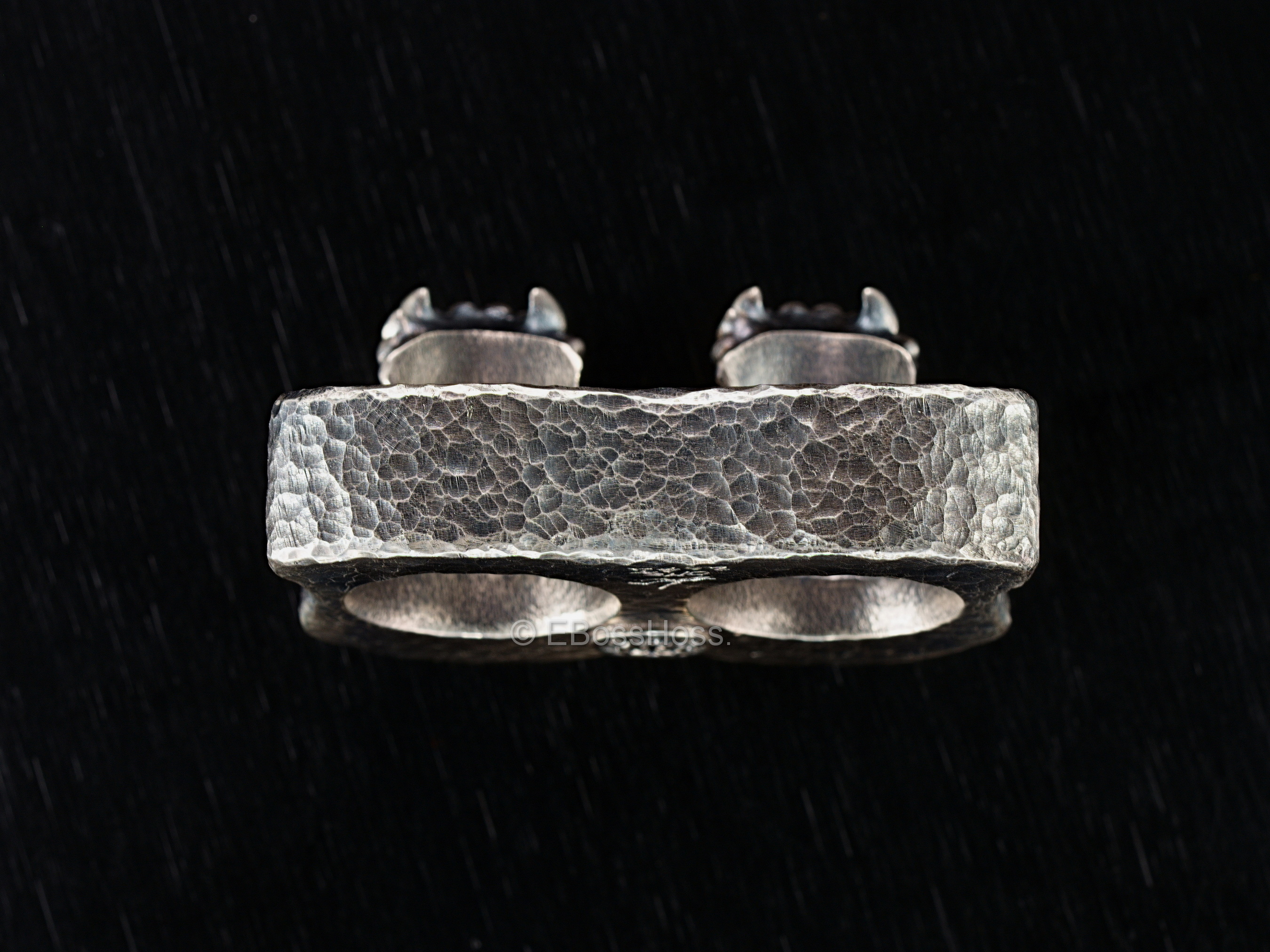 Steel Flame Signed ONE Silver & Gold 2-Finger Dual Fanged-Skulls Puncher Ring by Derrick Obatake