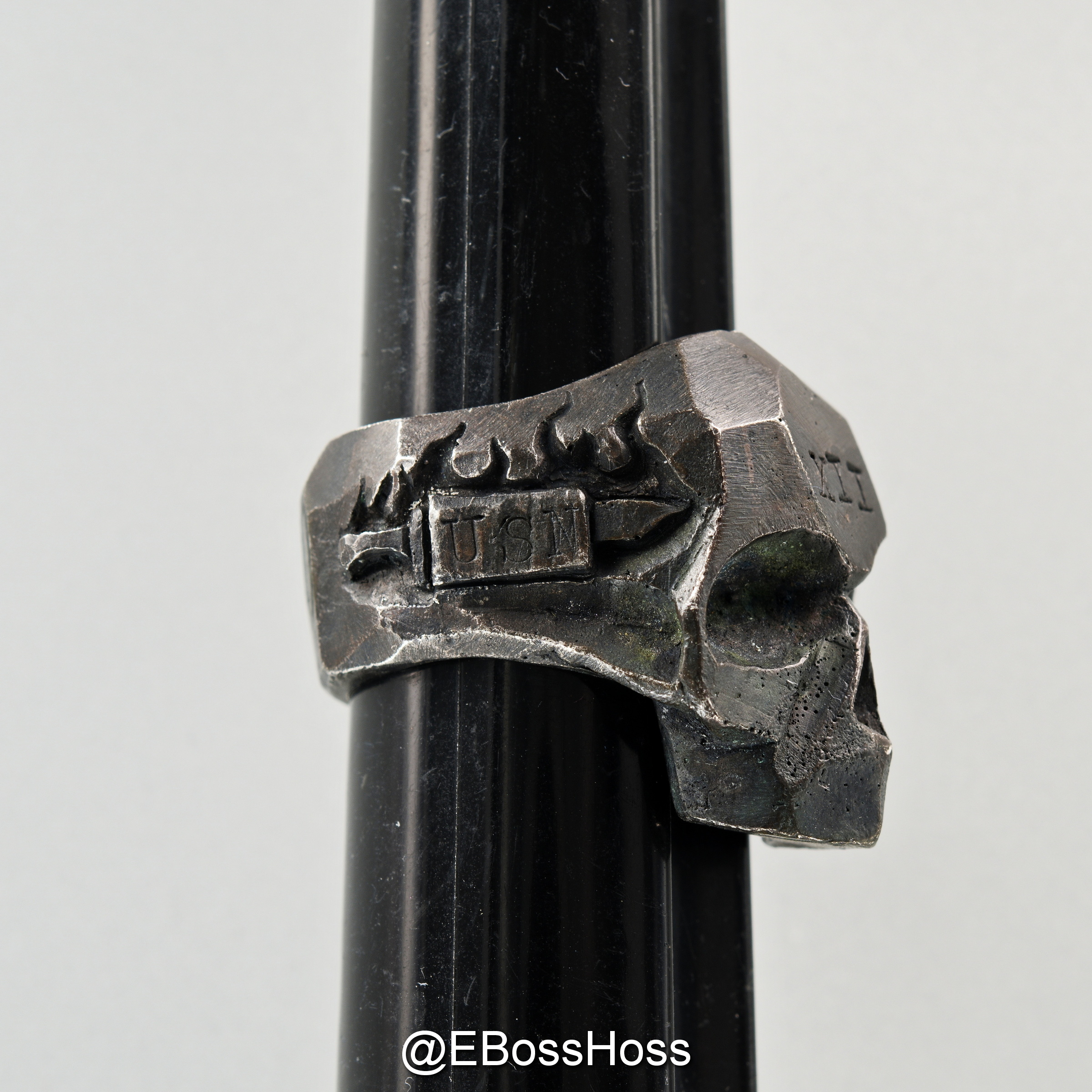 13 Lucky Monkey Patina-ed Sterling Silver Skull Ring - ''USN 12 Edition'' (Size 11.5)