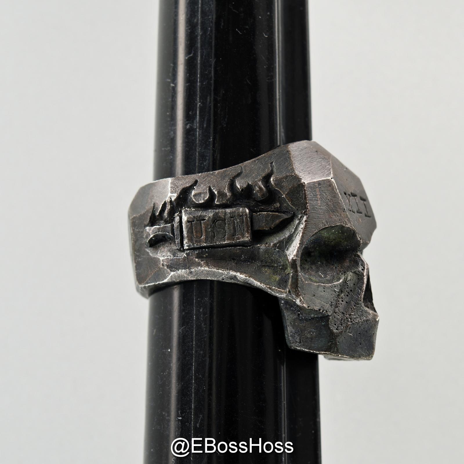 13 Lucky Monkey Patina-ed Sterling Silver Skull Ring - ''USN 12 Edition'' (Size 11.5)